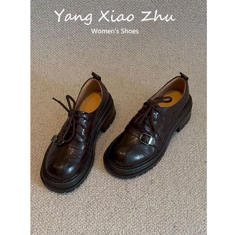 牛皮版~复古英伦风厚底小皮鞋女2025新款秋冬粗跟系带深口单鞋子