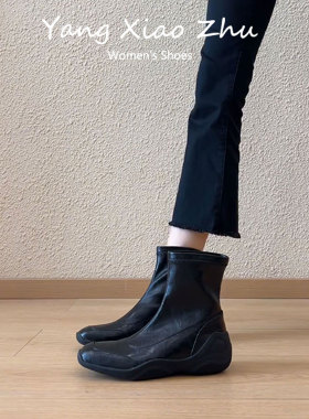 羊皮版~复古方头运动风厚底短靴女2025秋冬新款百搭时尚瘦瘦靴子