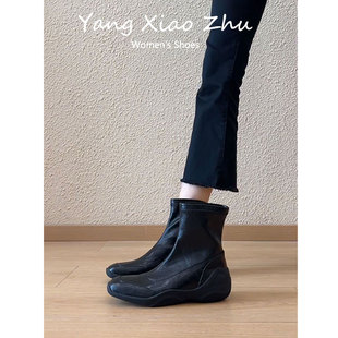 羊皮版~复古方头运动风厚底短靴女2025秋冬新款百搭时尚瘦瘦靴子