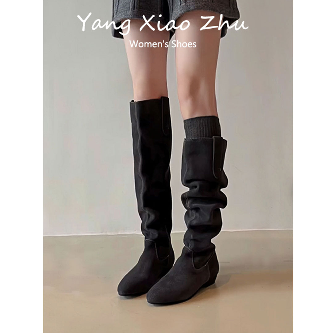 羊皮版~复古褶皱堆堆靴女2025