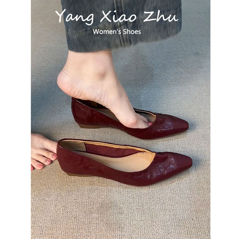 羊皮版~绝美复古尖头浅口单鞋女