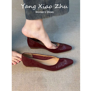 羊皮版~绝美复古尖头浅口单鞋女2025新款配裙子百搭平底玛丽珍鞋