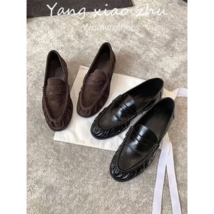 牛皮~巨好看复古英伦风圆头褶皱乐福鞋女一脚蹬懒人通勤低跟单鞋