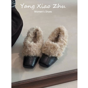 牛皮~方头毛毛鞋一脚蹬复古加绒保暖玛丽珍小皮鞋棉鞋内增高单鞋