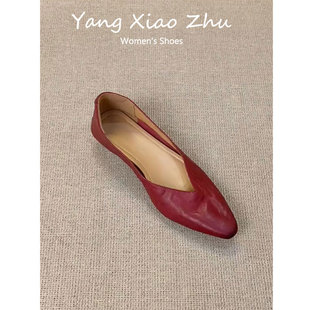 羊皮版 尖头浅口单鞋 女夏复古百搭简约一脚蹬平底通勤奶奶鞋 法式