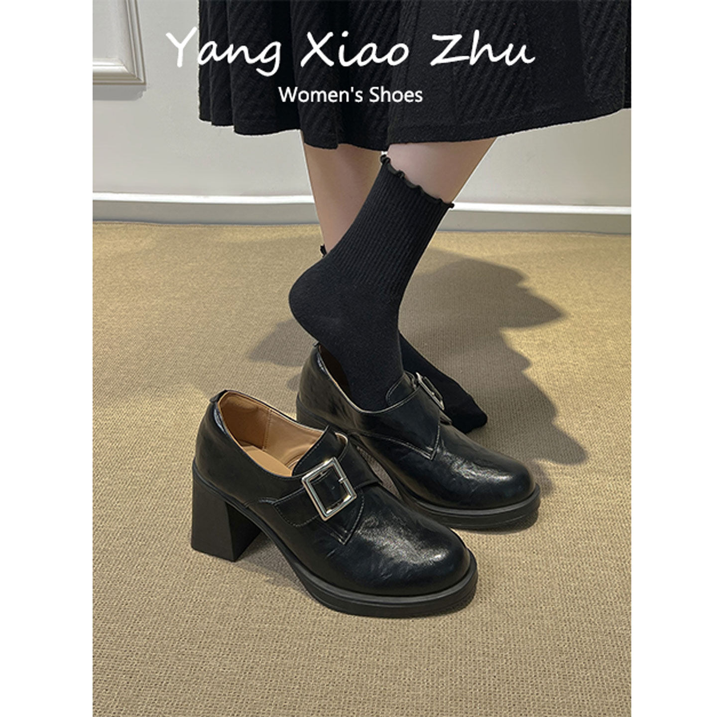 牛皮版~复古皮带扣高跟小皮鞋女圆头粗跟增高乐福鞋百搭通勤单鞋,女鞋,乐福鞋（豆豆鞋）,淘宝优惠券,粉丝福利购,淘宝优惠卷