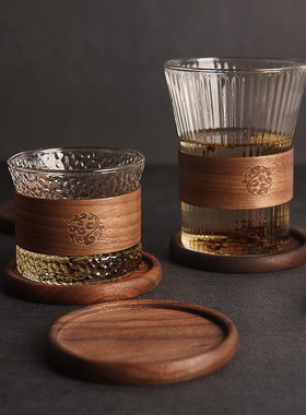 日式玻璃咖啡杯锤纹茶杯耐热玻璃杯带隔热木把手分享杯竖条小杯子