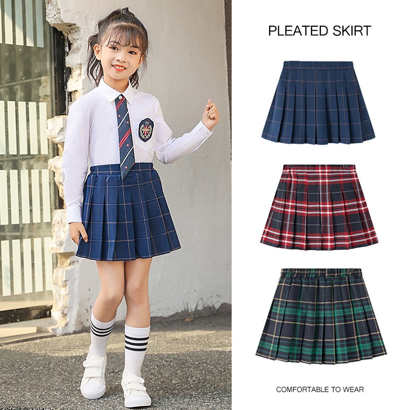 女童百褶裙格子短裙夏女孩A字半身裙学生演出服儿童学院风伞裙JKj