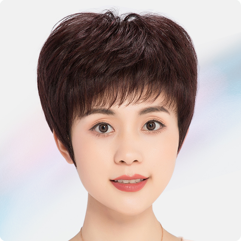 真发假发短发中老年妈妈全头套式自然蓬松假发套女真发全真人发丝
