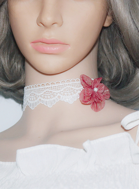 白色蕾丝系带蝴蝶结颈带项链女