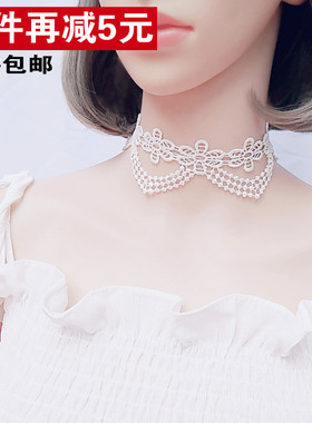 无金属原创颈饰品蕾丝系带项圈白色宽边颈带复古宫廷风装饰假领子