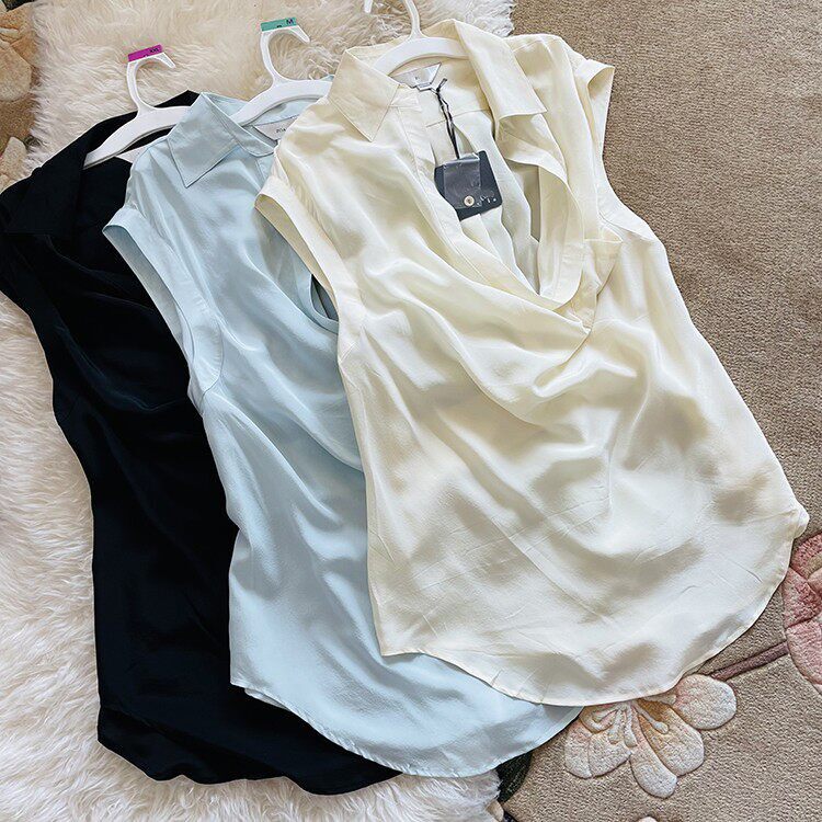 桑蚕丝无袖上衣真丝衬衫双绉衬衣罩衫宽松短袖马甲中长款休闲荡领