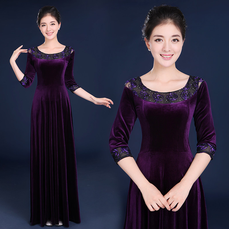 丝绒长袖大合唱演出服女长裙 女士合唱服装 合唱服长裙舞台演出服