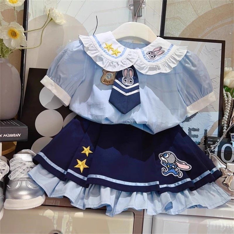 女童刺绣学院风卡通套装夏季新款宝宝兔子警官短袖上衣短裙两件套