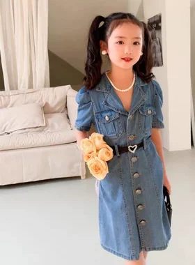 女童修身直通牛仔连衣裙2026