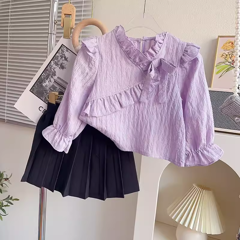 女童荷叶边洋气衬衫上衣套装2024年春秋季学院风小女孩短裙两件套
