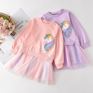 女童纯棉拼假两件连衣裙2024春秋装女宝宝卡通网纱卫衣公主裙韩版
