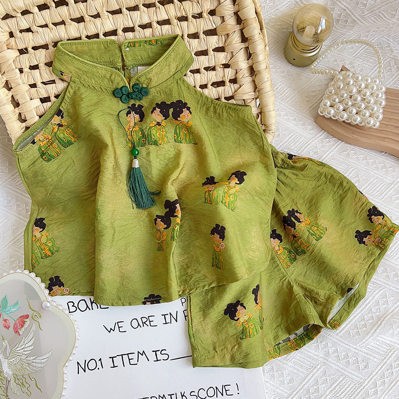 女童休闲中国风洋气套装2024夏季新款女宝宝中式吊带短裤两件套潮