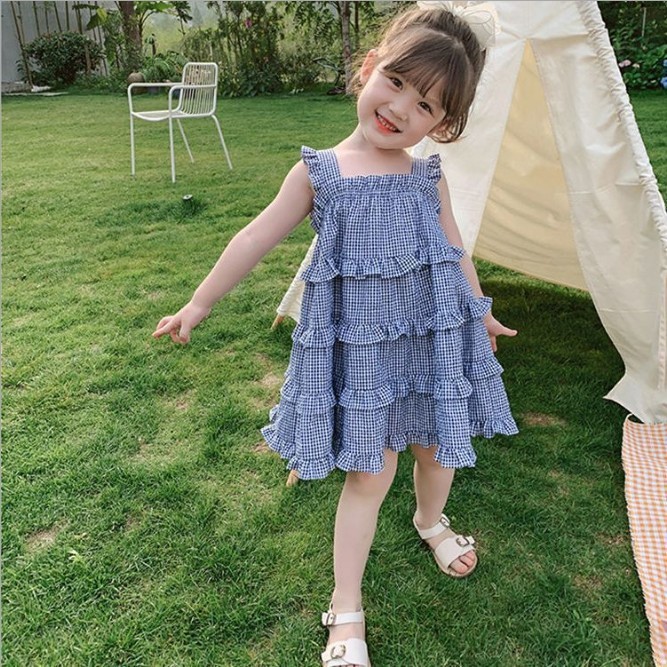 女童夏装格子连衣裙2024韩版新款纯棉儿童蛋糕裙宝宝裙吊带背心裙
