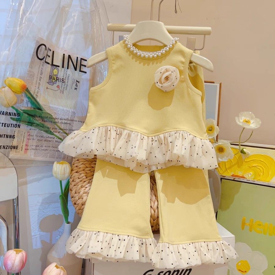 女童甜美可爱高端套装夏季新款女宝宝洋气背心喇叭裤两件套2025潮