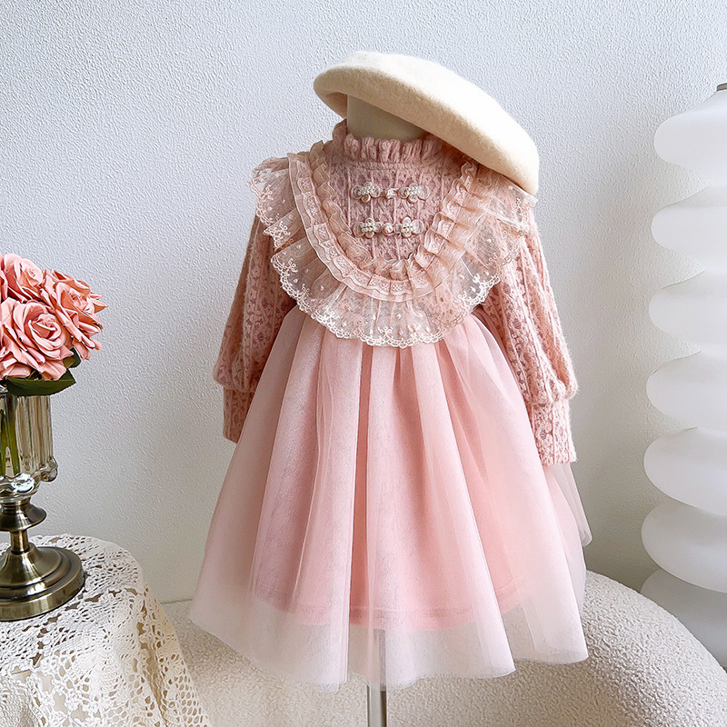 女童洋气加厚加钱网纱连衣裙2024冬装新款女宝宝礼服蕾丝裙公主裙