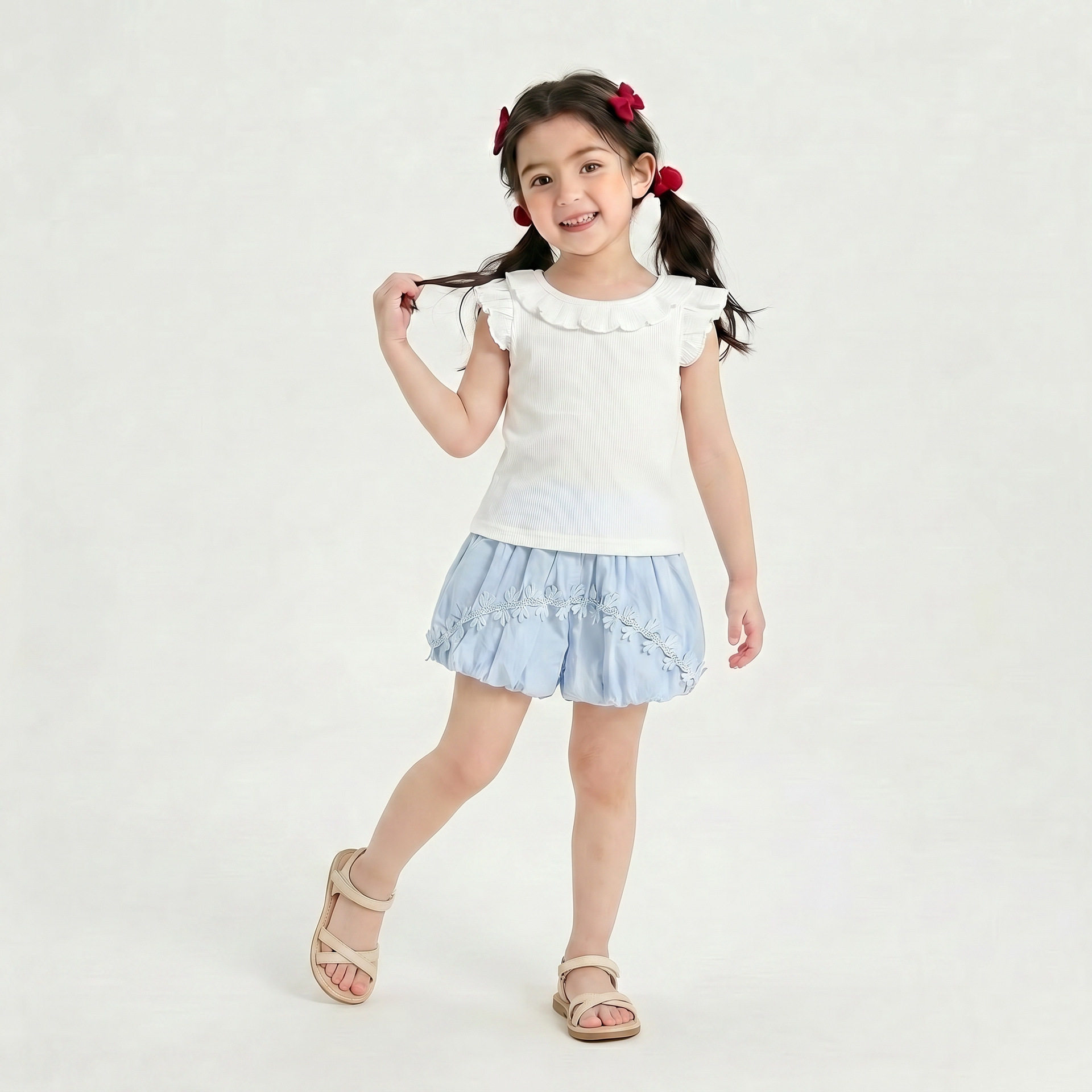 女童韩版时髦休闲套装夏季新款宝宝甜美荷叶边上衣短裤两件套潮童