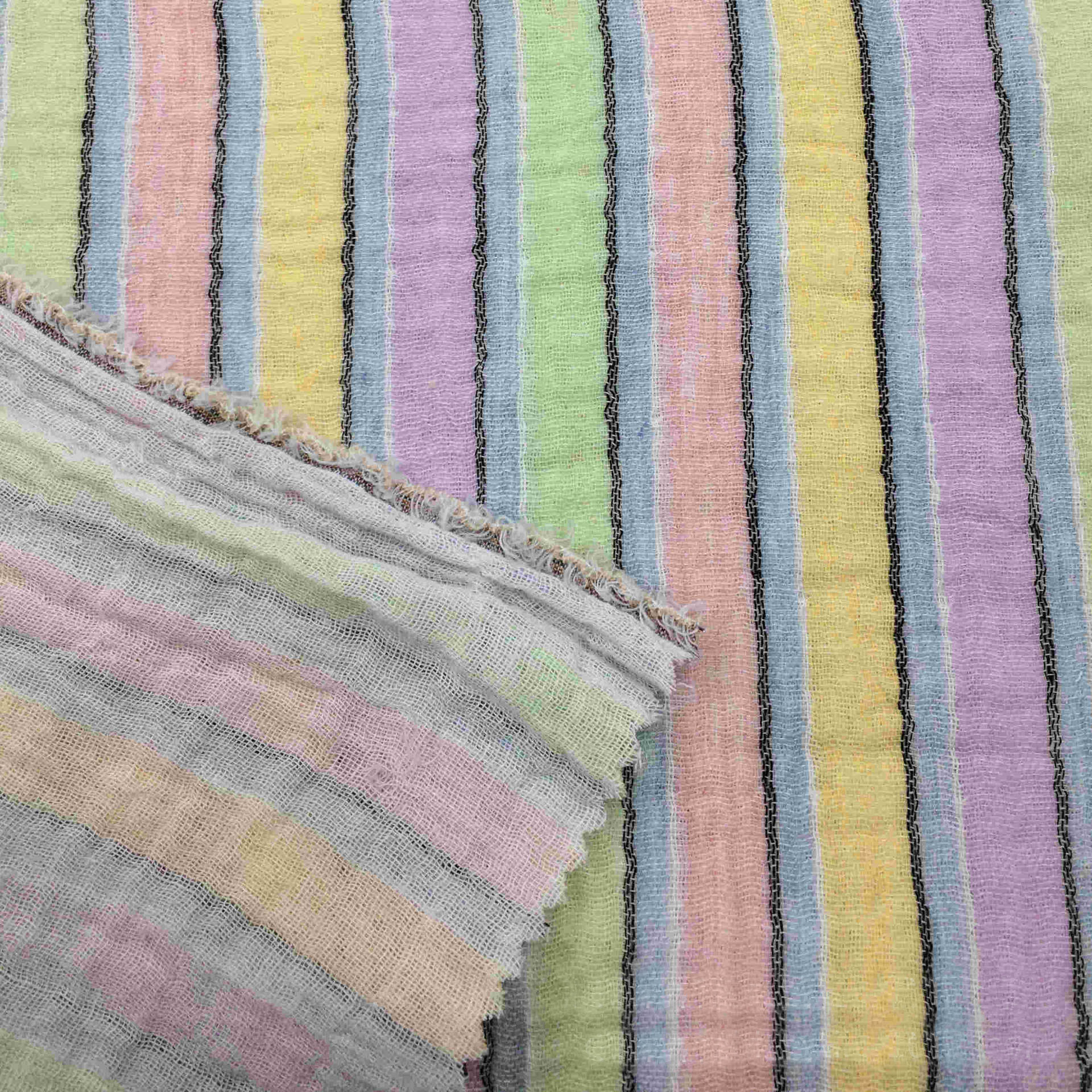 纯棉色织彩色条纹面料春夏衬衫彩虹色小粗布不透光复古麻棉感布料