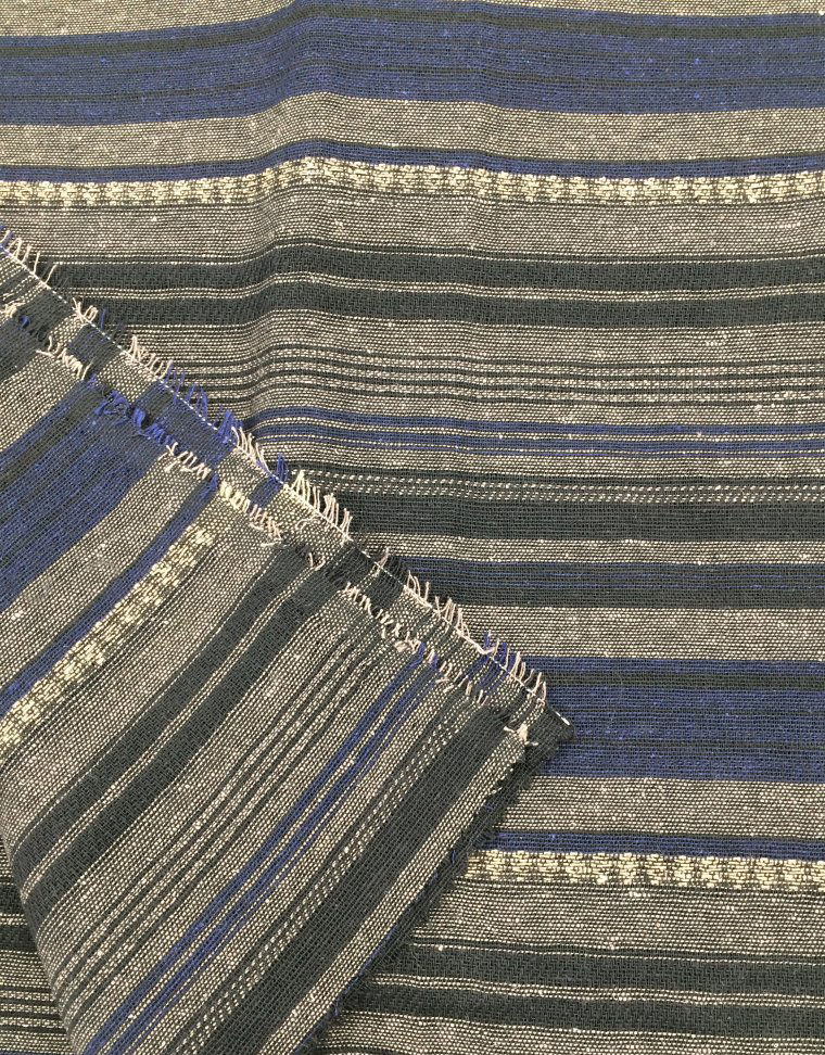 棉麻面料春夏原创设计黑灰蓝色竖条纹色织怀旧感混纺时装布料