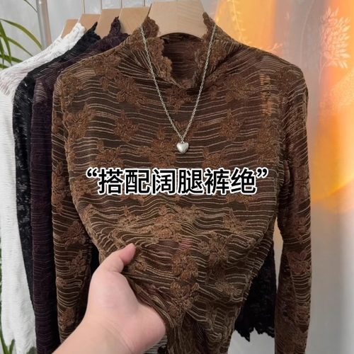 韩版花边小立领长袖蕾丝T恤