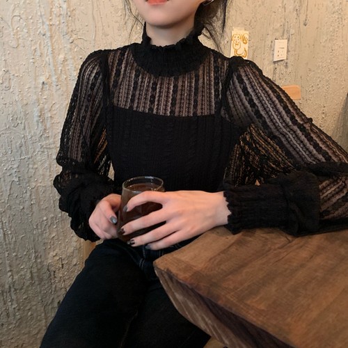 高领蕾丝打底衫女长袖2021