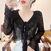 荷叶边蕾丝吊带裙外搭女长袖 披肩防晒网纱镂空配裙子透明短款 上衣