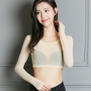2019春秋新款单层透视网纱打底衫半截t恤短款长袖纱衣女性感内搭