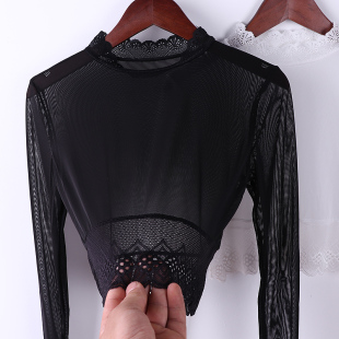内搭短袖 半截网纱打底衫 长袖 黑色性感蕾丝半身罩衫 t恤纱衣女 秋装