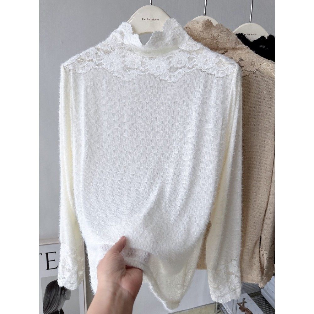 韩系半高领刺绣蕾丝长袖打底衫女冬羽毛纱亲肤上衣内搭磨毛蕾丝衫,女装/女士精品,蕾丝衫/雪纺衫,淘宝优惠券,粉丝福利购,淘宝优惠卷
