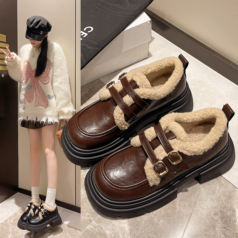 厚底乐福鞋女2025新款秋冬加绒单鞋子百搭毛毛棉鞋增高黑色小皮鞋