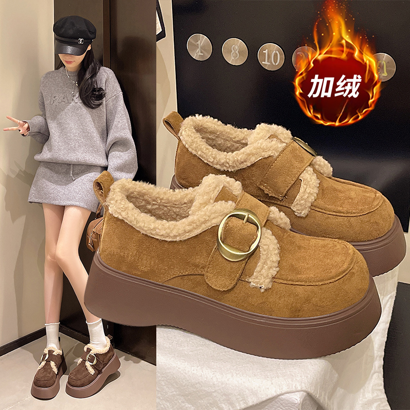 厚底加绒勃肯鞋女2025新款冬季保暖棉鞋一脚蹬懒 人豆豆鞋乐福鞋