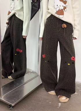 镜服饰2025秋季复古豹纹KT猫印花阔腿裤女宽松百搭显瘦长裤20106