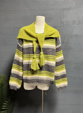 镜服饰2025冬季韩版撞色条纹针织衫女流苏围巾宽松软糯毛衣10504