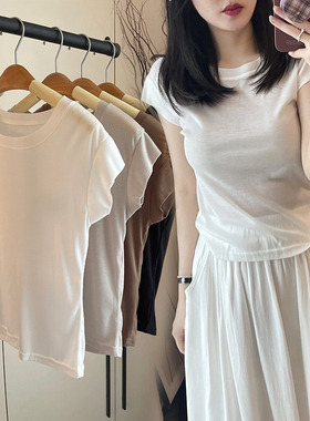 微透白色冰丝短袖T恤女夏薄款圆领修身显瘦高级感上衣小个子弹力