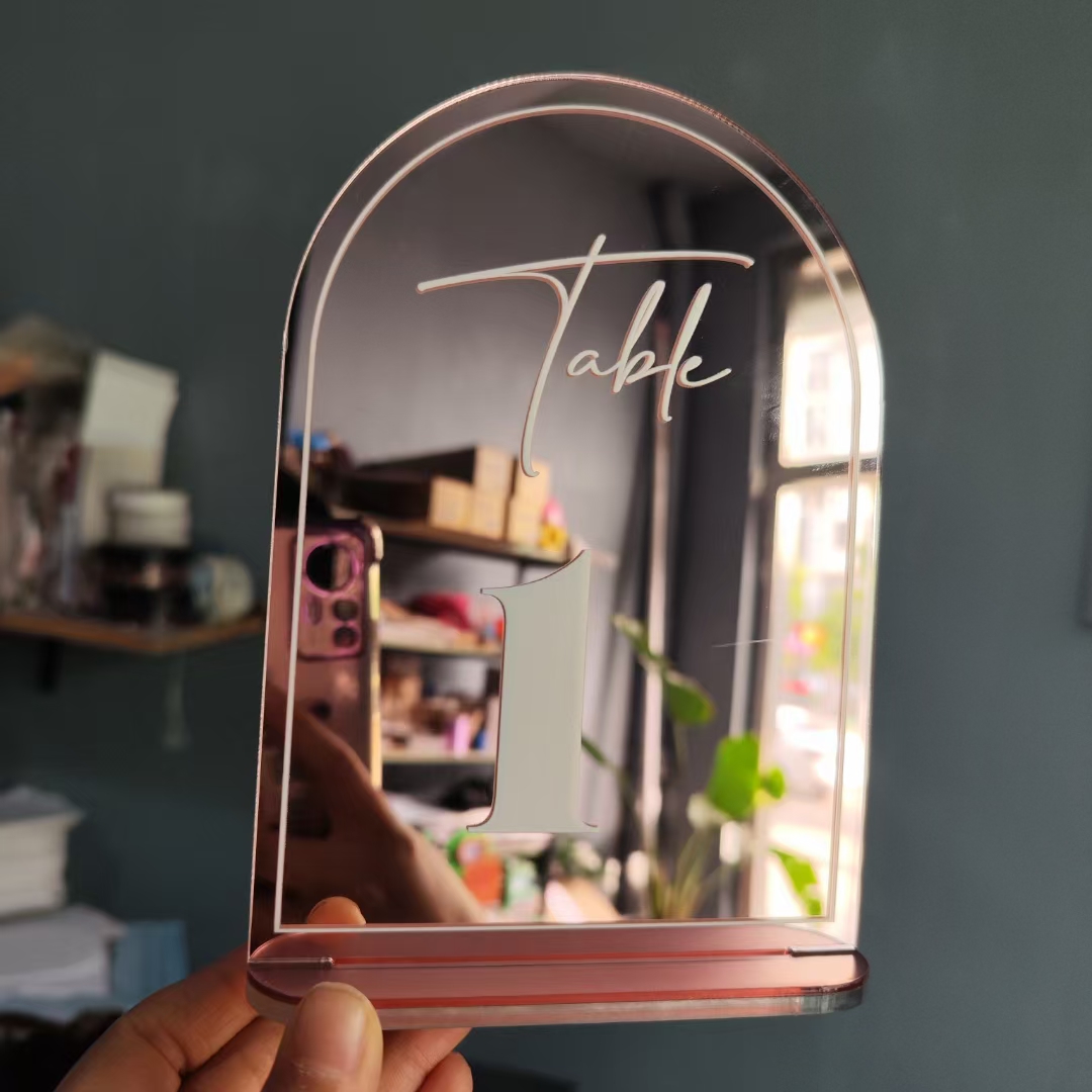 镜面玫瑰金色桌卡片定制婚礼桌号码牌二维码主桌桌名