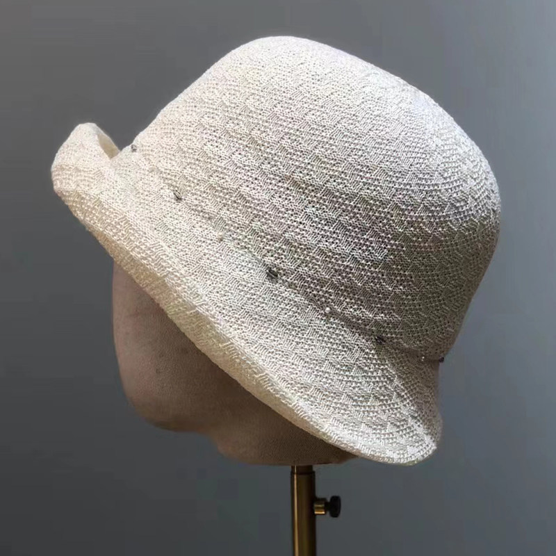 高品质夏季时尚钉珠亚棉麻半卷边帽子盆帽渔夫帽防晒遮阳帽显脸小