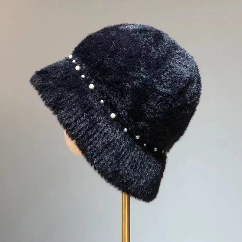 高端潮牌秋冬季时尚钉珠毛绒针织帽子护耳盆帽毛线渔夫帽显脸小女