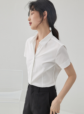 宿·色短袖衬衫女职业夏季新款V领修身衬衣正装工作白色上衣