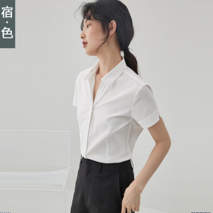 宿·色短袖衬衫女职业夏季新款V领修身衬衣正装工作白色上衣