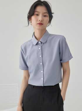 宿·色短袖白衬衫女银行工作服夏季职业半袖上衣面试正装蓝色衬衣