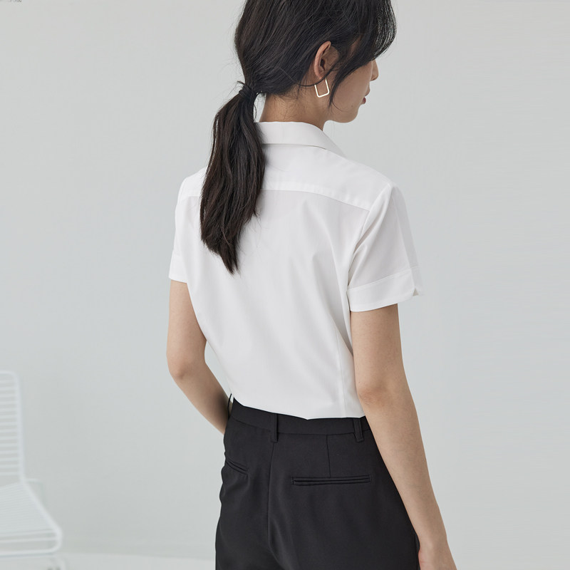 宿色短袖衬衫女职业夏季新款V领修身衬衣正装工作白色上衣