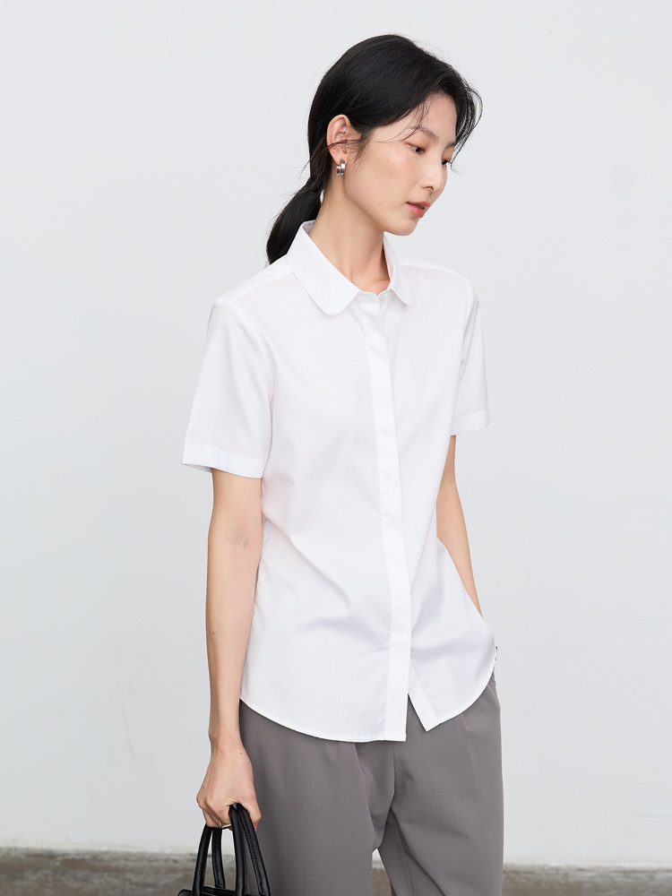 宿·色短袖衬衫女2025夏季新款娃娃领职业通勤上衣考公面试棉衬衣