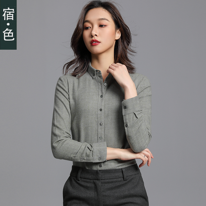 宿·色磨毛厚款衬衫女冬装新款翻领基本款衬衣全棉洋气复古衬衣