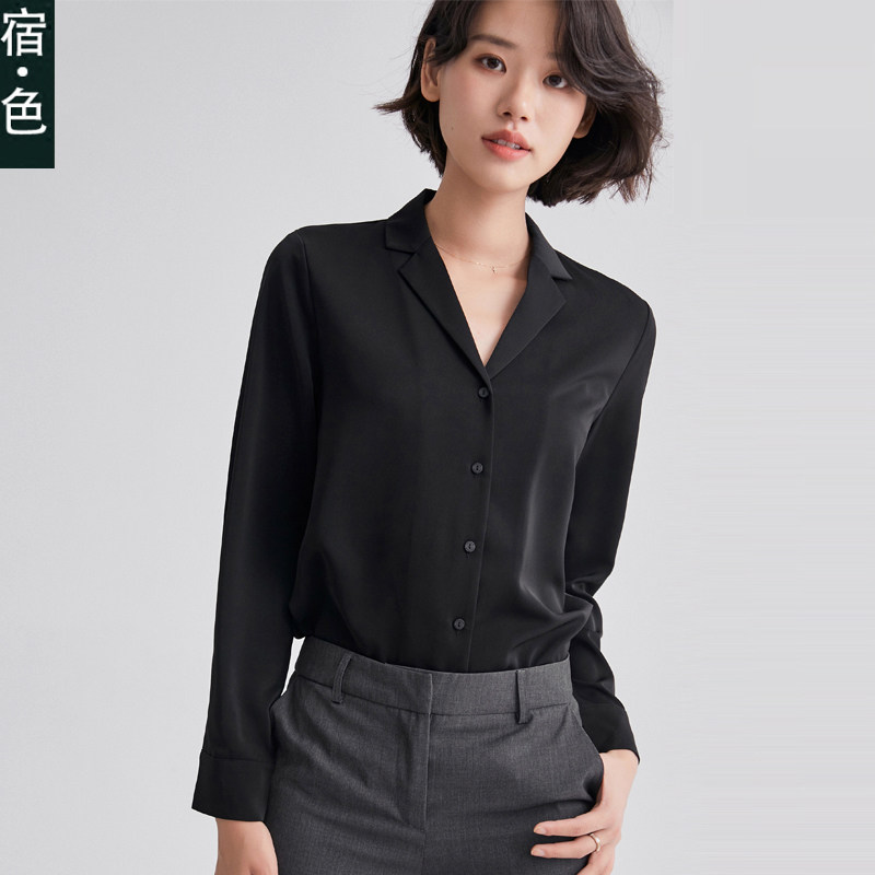 宿·色衬衫女长袖春秋新款雪纺上衣气质职业西装领复古港味衬衣