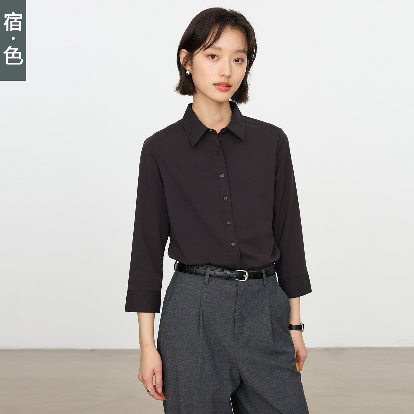 宿·色面试正装衬衫女黑色七分袖夏季职业通勤工作服垂面试感衬衣